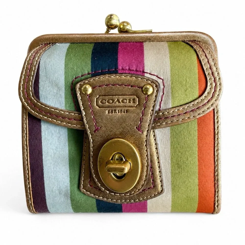intage Coach Legacy Stripe Framed French Wallet Turn Lock Kiss Lock Multicolor